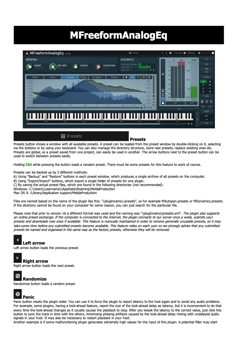 Page 1 de la notice Manuel utilisateur MeldaProduction MFreeFormAnalogEQ