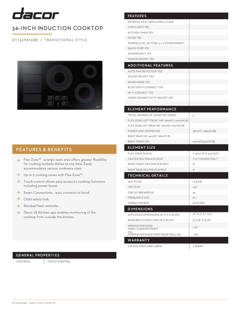 Page 1 de la notice Fiche technique Dacor DTI36P876BB