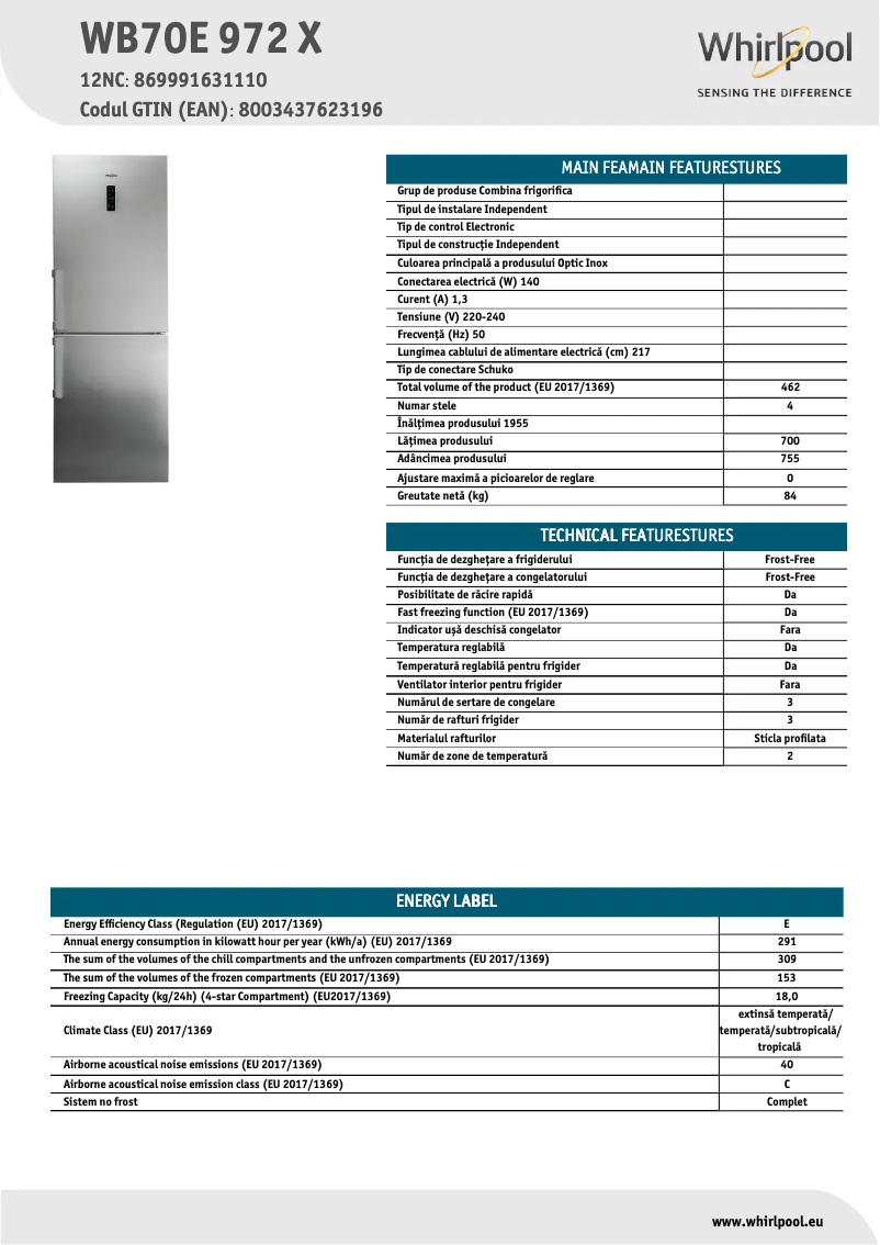 Página 1 del manual Ficha técnica Whirlpool WB70E 972 X