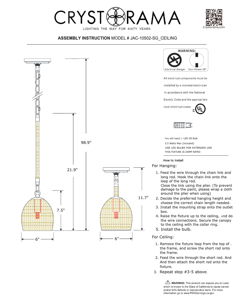 Page 1 de la notice Manuel utilisateur Crystorama Jace JAC-10502-SG_CEILING