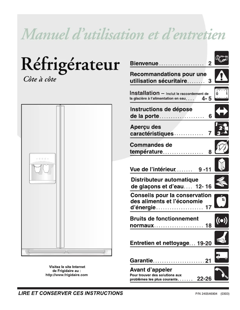 Page 1 de la notice Manuel utilisateur Frigidaire FRS26H7CB