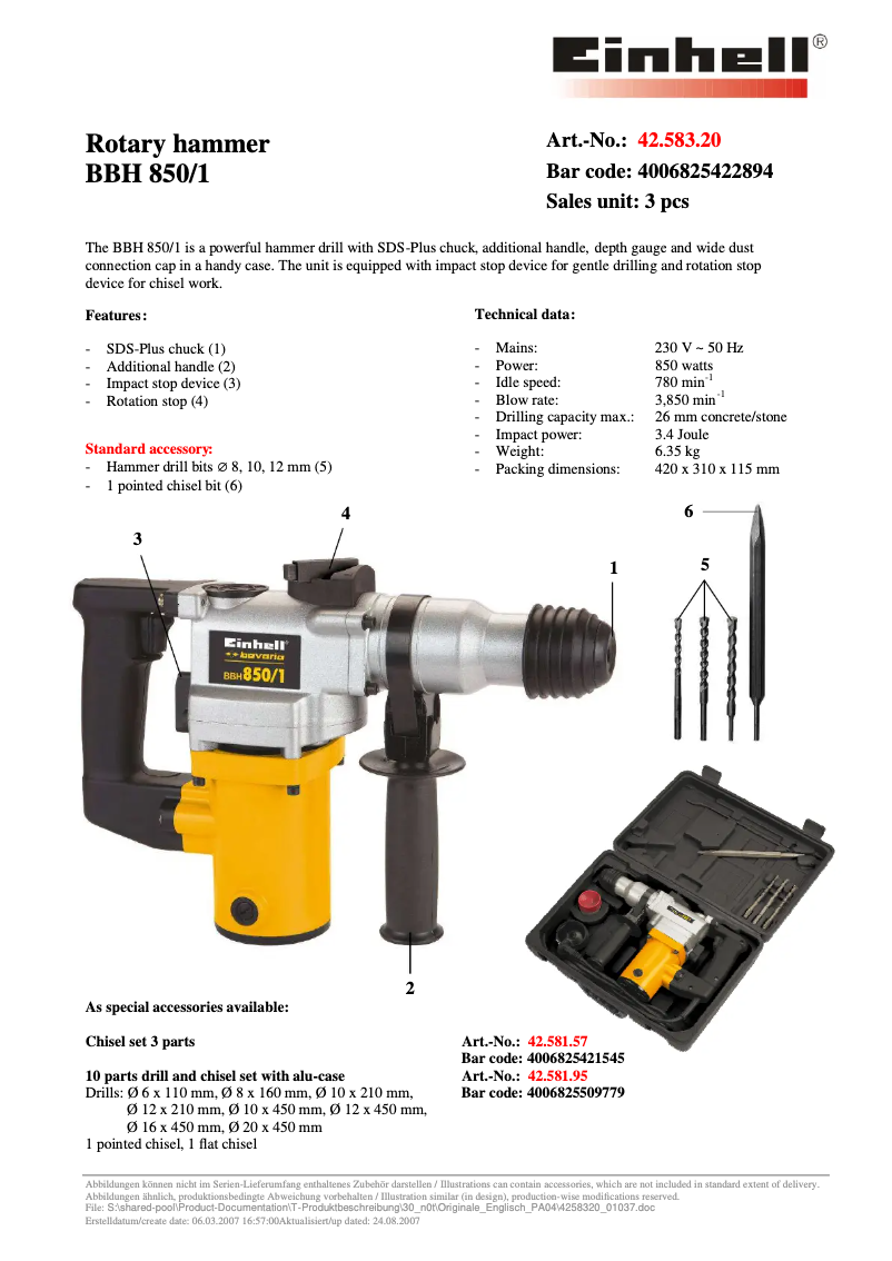 Page 1 de la notice Fiche technique Bavaria by Einhell BBH 850