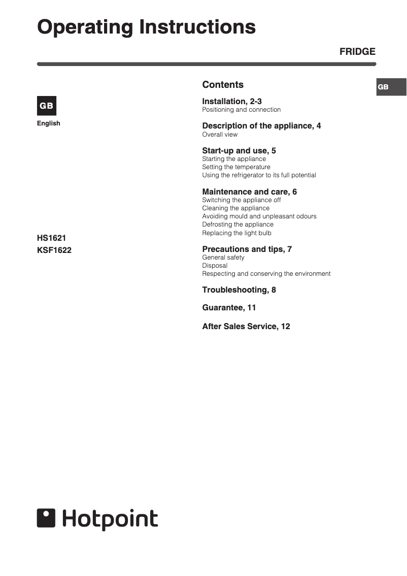 Página 1 del manual Manual de usuario Hotpoint HS1622