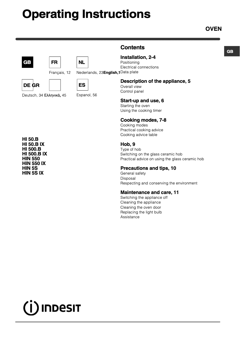 Page 1 de la notice Manuel utilisateur Indesit HIN 550 (BK)