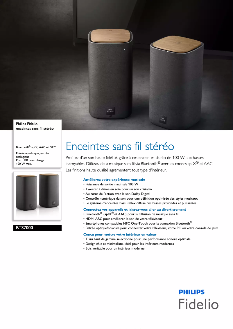 Page 1 de la notice Fiche technique Philips Fidelio BTS7000