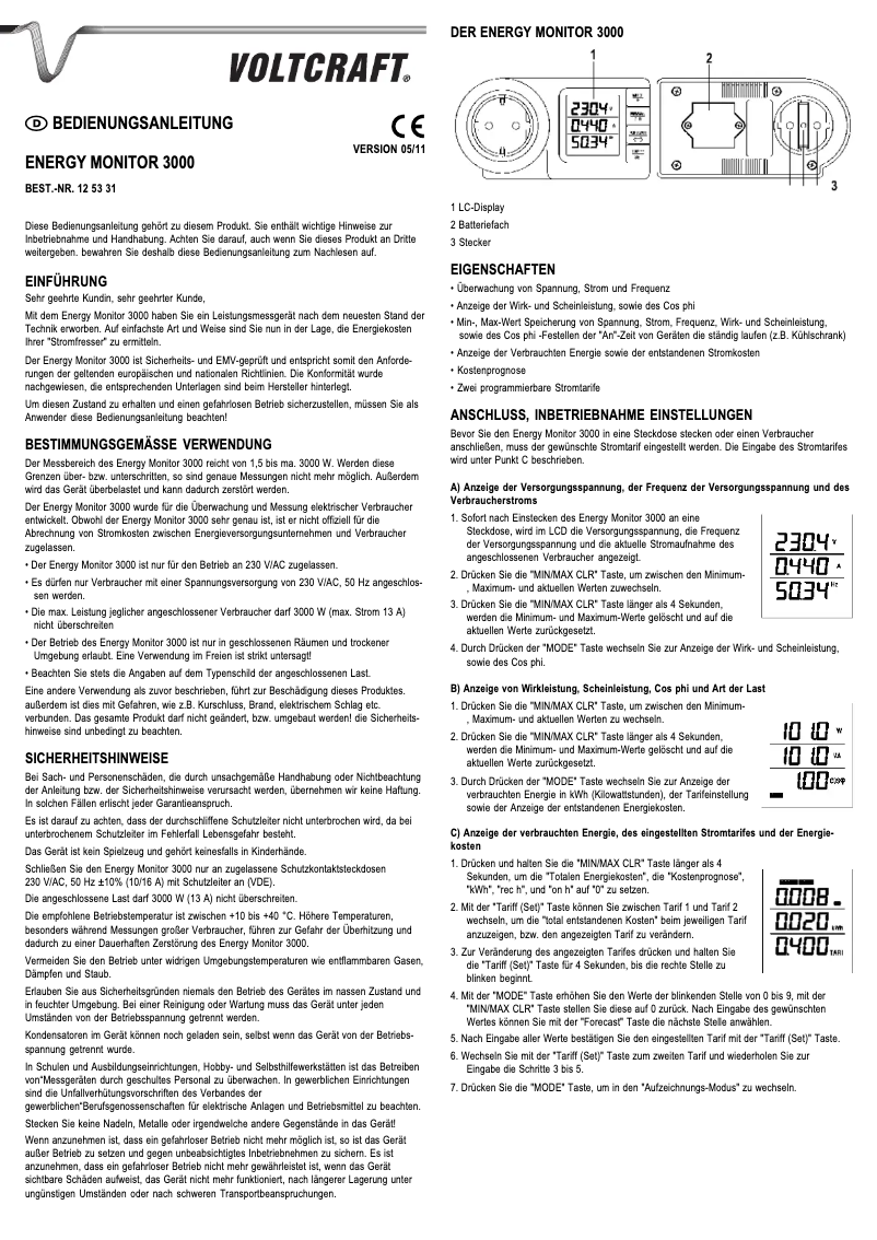 Page 1 de la notice Manuel utilisateur Voltcraft Energy Monitor 3000