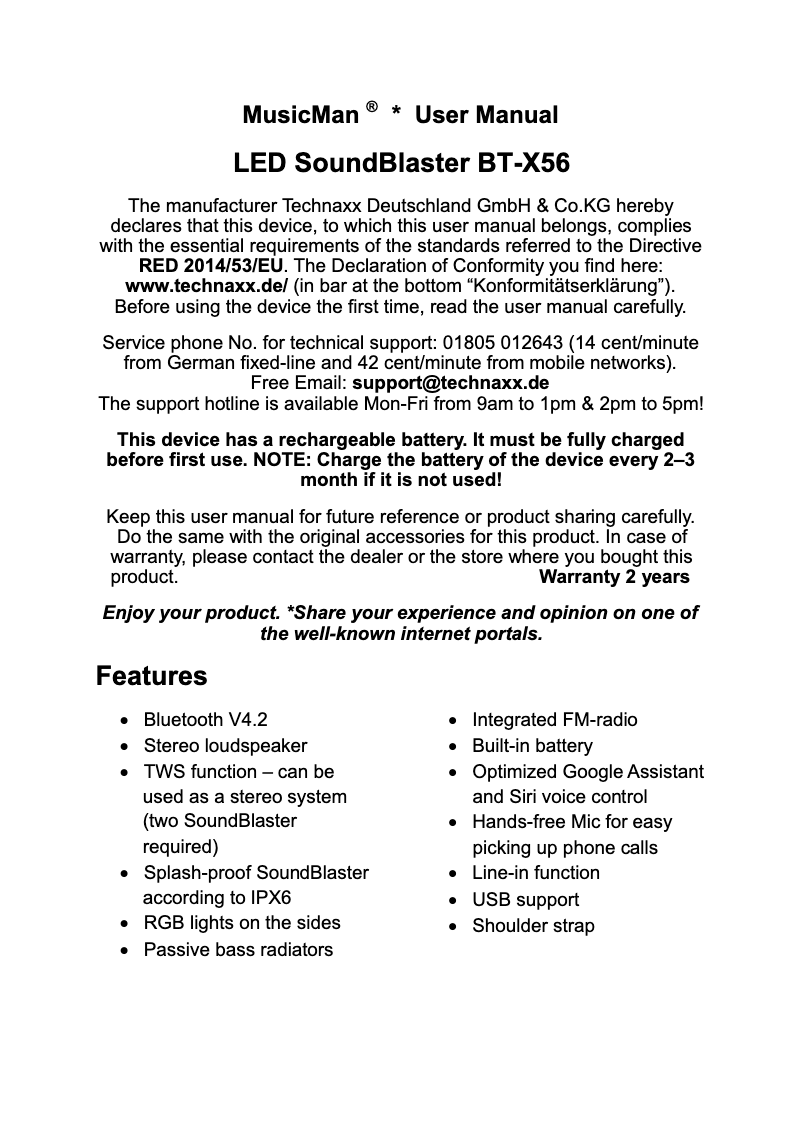 Page 1 de la notice Manuel utilisateur Technaxx LED SoundBlaster BT-X56