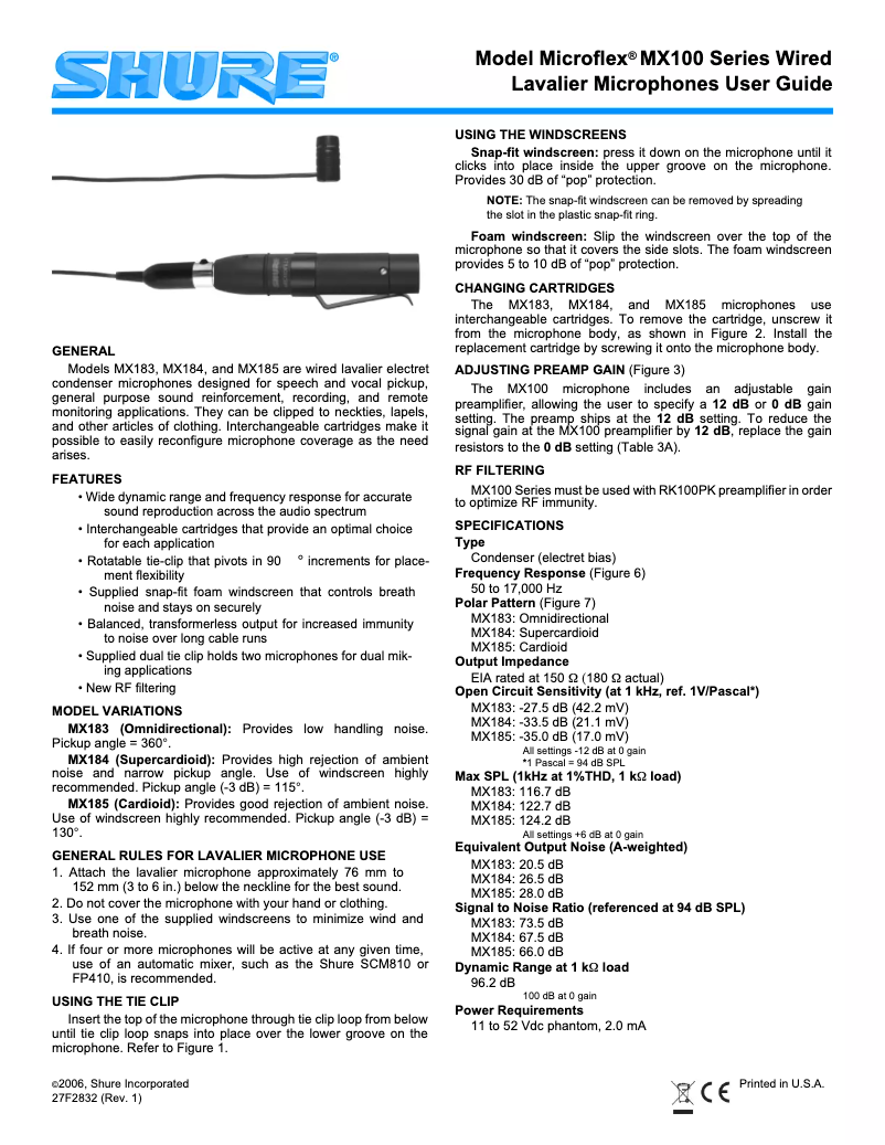 Page 1 of the manual User Manual Shure MX185
