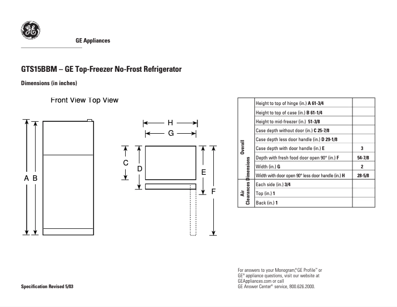 Página 1 del manual Ficha técnica GE GTS15BBMLWW