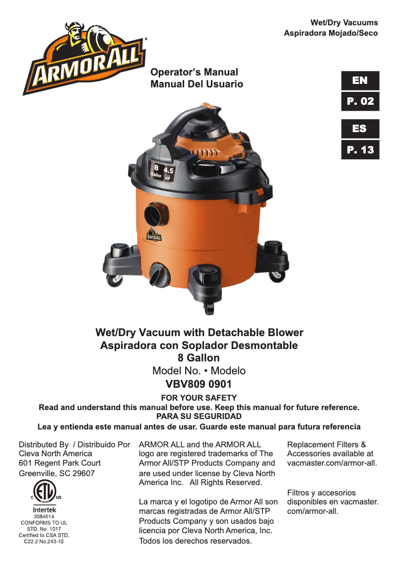 Página 1 del manual Manual de usuario Armor All VBV809PF 0901