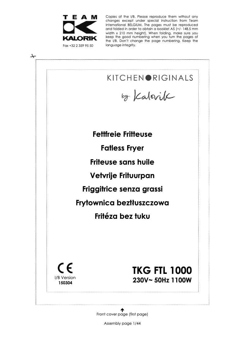 Page 1 de la notice Manuel utilisateur Kitchen Originals TKG FTL 1000