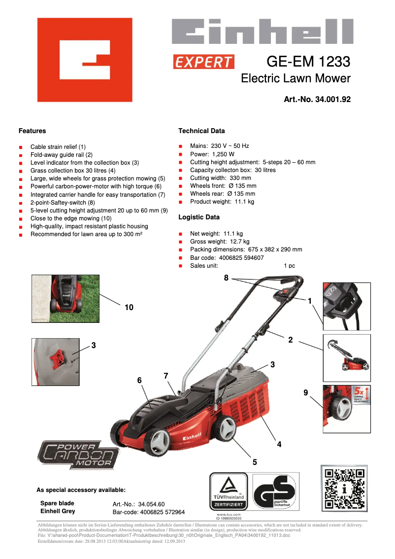 Page 1 de la notice Fiche technique Einhell GE-EM 1233