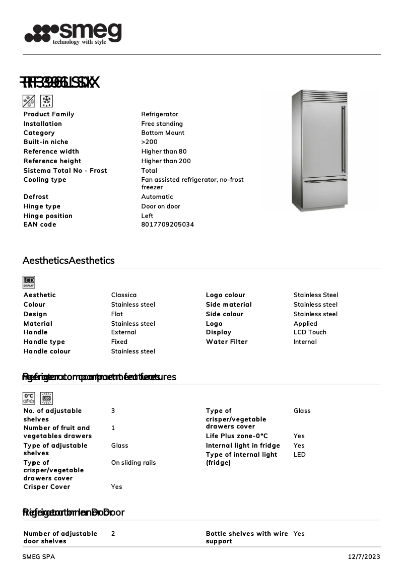 Page 1 de la notice Fiche technique Smeg RF396LSIX