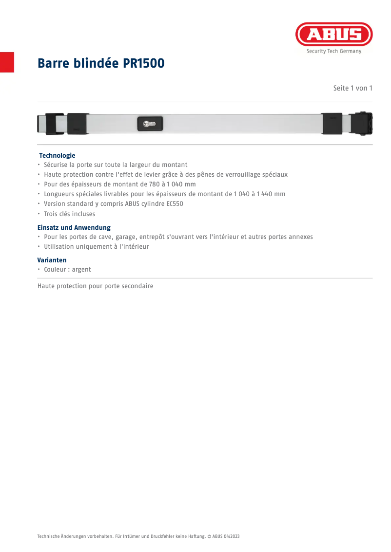 Página 1 del manual Ficha técnica Abus PR1500S