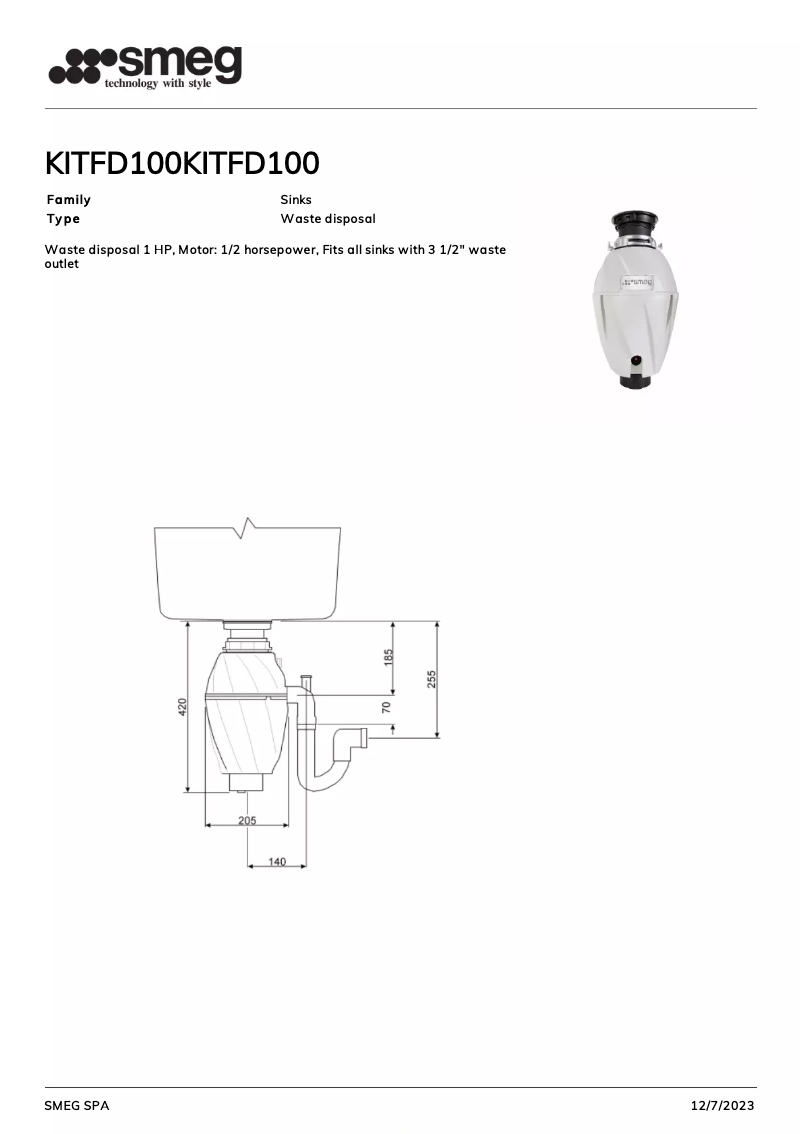 Page 1 of the manual Technical Sheet Smeg KITFD100
