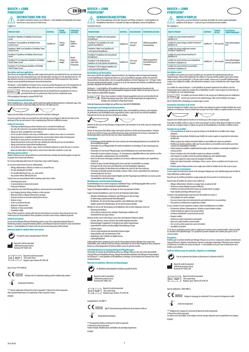 Page 1 de la notice Manuel utilisateur Bausch & Lomb PureVision