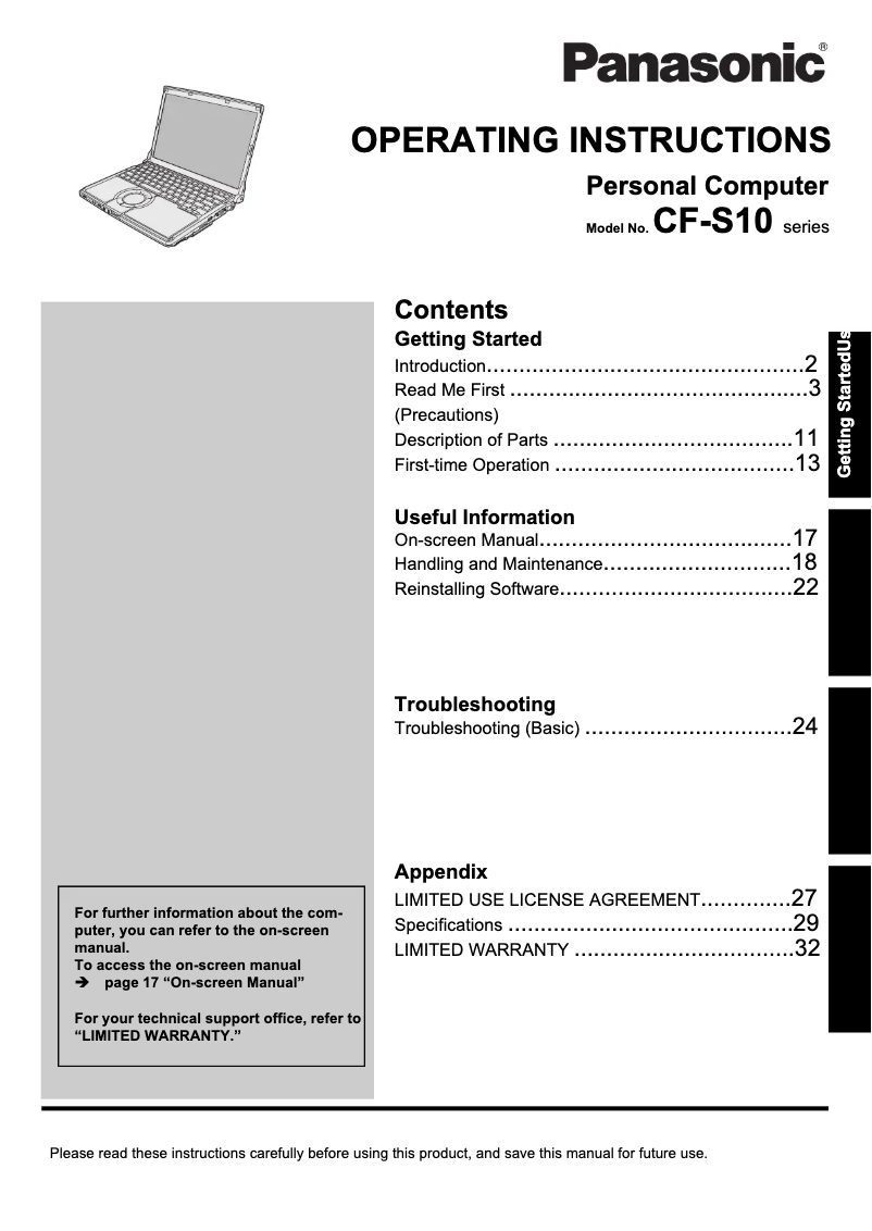 Page 1 de la notice Manuel utilisateur Panasonic Toughbook CF-S10
