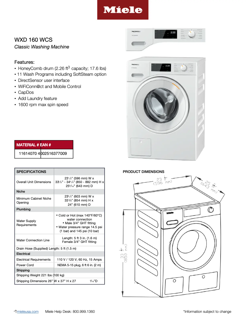 Page 1 de la notice Fiche technique Miele WXD 160 WCS W1