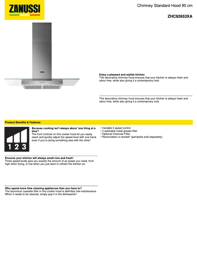Page 1 de la notice Fiche technique Zanussi ZHC92653XA