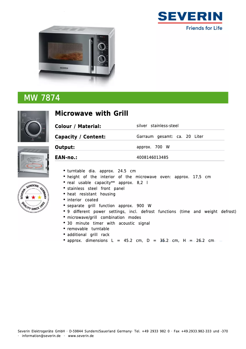 Page 1 de la notice Fiche technique Severin MW 7874