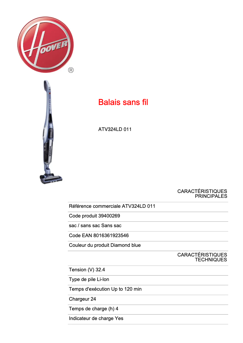 Página 1 del manual Ficha técnica Hoover ATV324LD 011