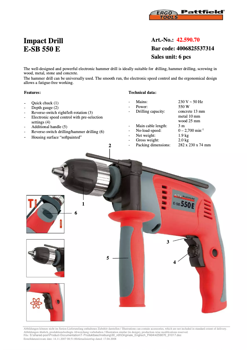 Page 1 of the manual User Manual Ergotools Pattfield E-SB 550 E
