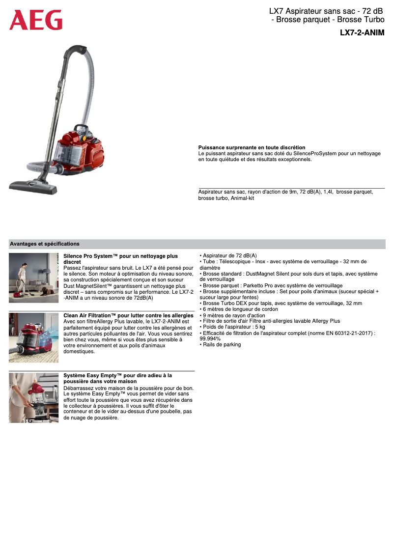 Page 1 de la notice Fiche technique AEG X Power LX7-2-ANIM