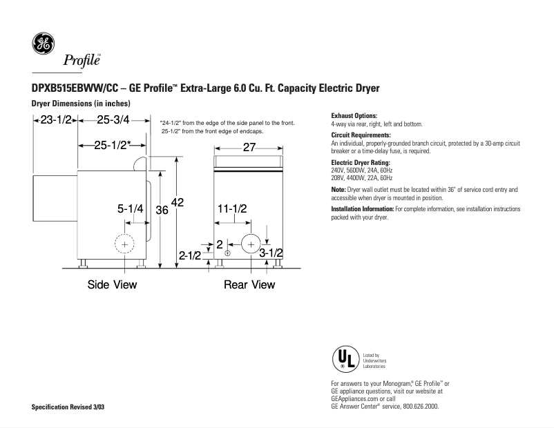 Página 1 del manual Ficha técnica GE Profile DPXB515EBCC