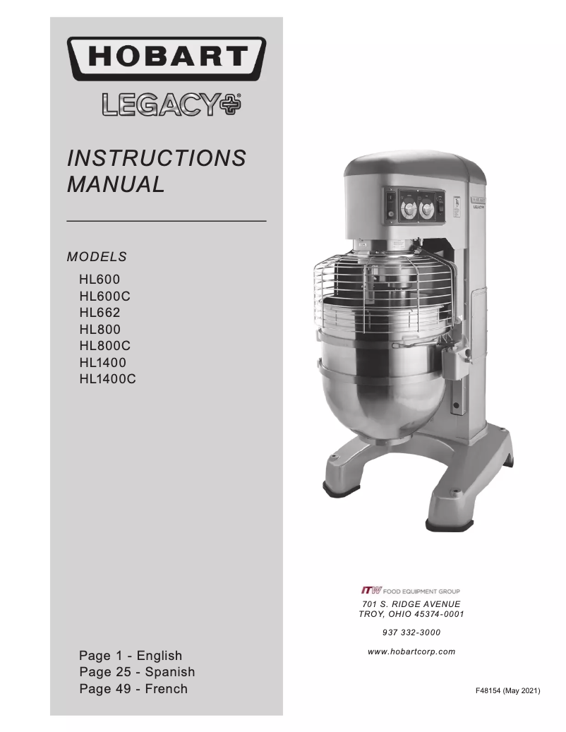 Page 1 of the manual User Manual Hobart HL600