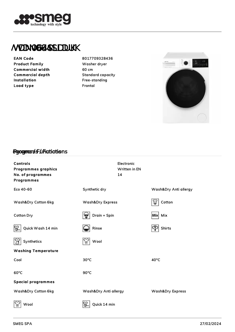 Page 1 de la notice Fiche technique Smeg WDN064SLDUK