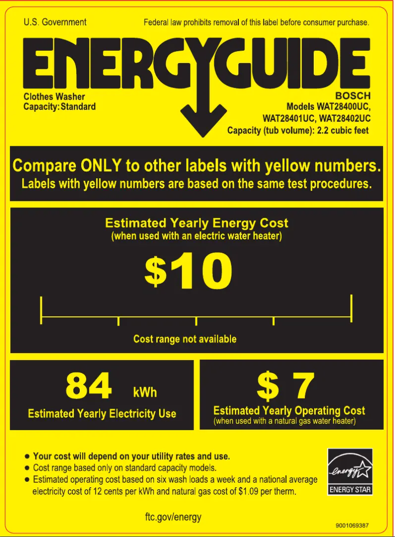 Page 1 de la notice Label énergétique Bosch WAT28401U