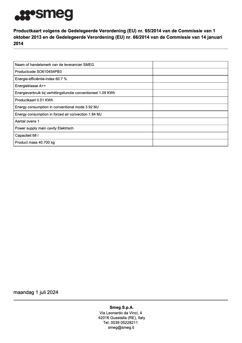 Página 1 del manual Ficha técnica Smeg SO6104S4PB3