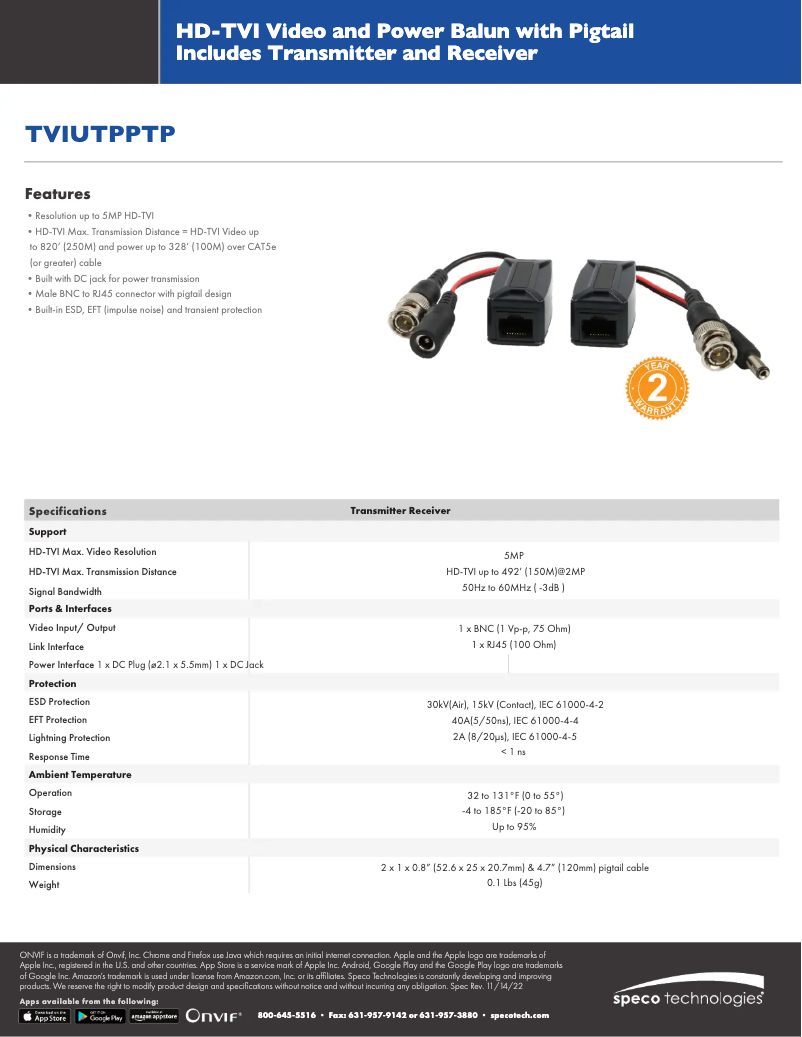 Page 1 de la notice Fiche technique Speco Technologies TVIUTPPTP