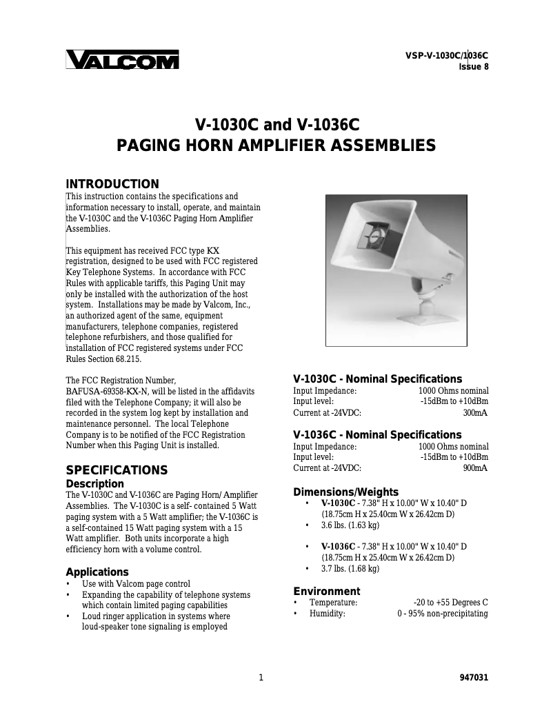 Page 1 of the manual User Manual Valcom V-1030M