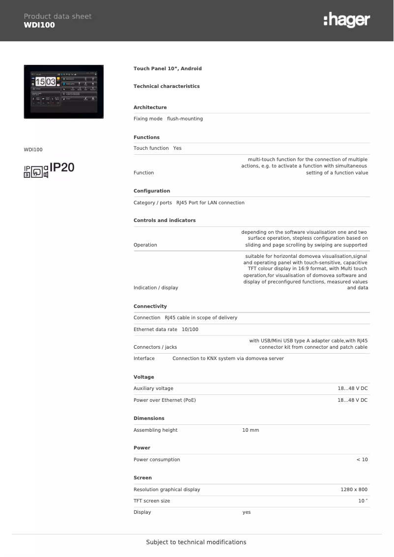 Página 1 del manual Ficha técnica Hager WDI100