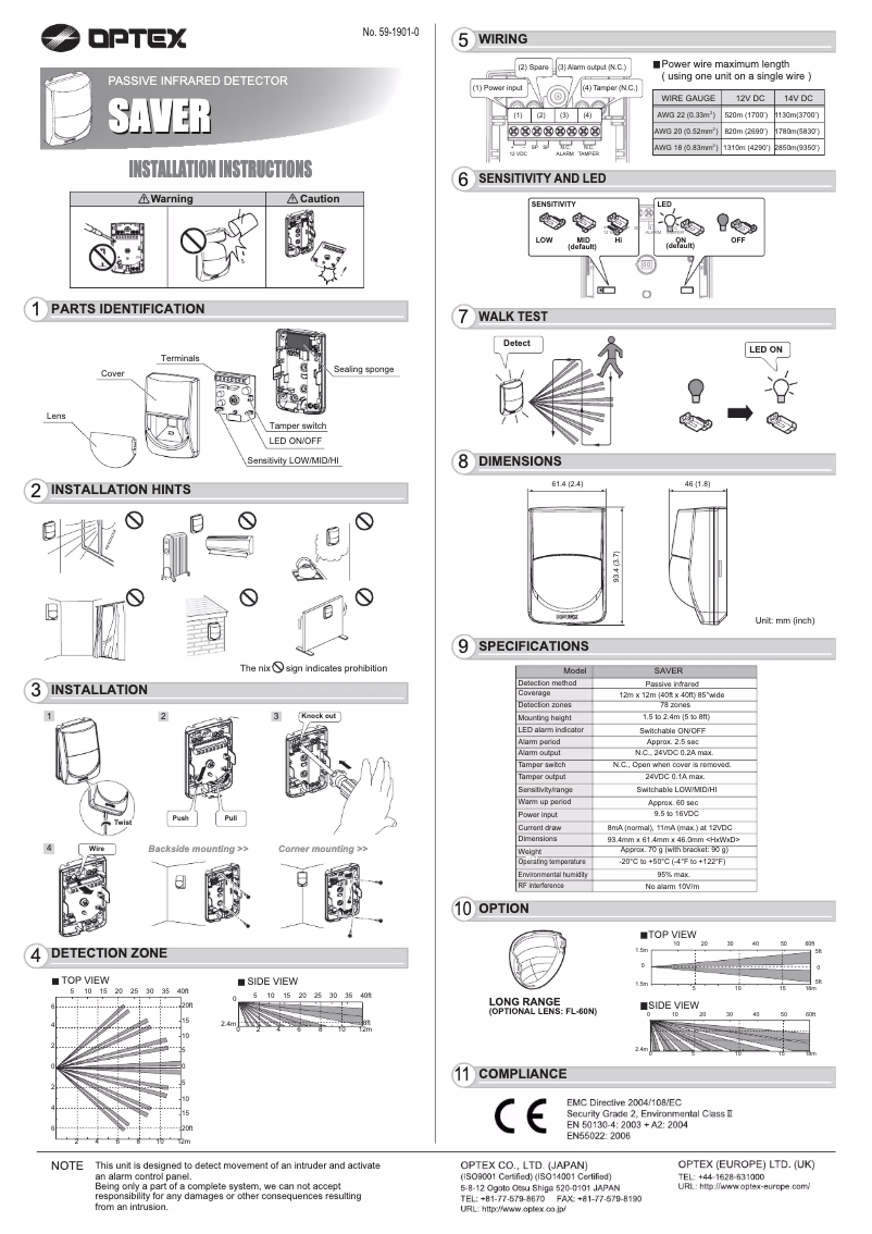 Page 1 de la notice Manuel utilisateur Optex SAVER