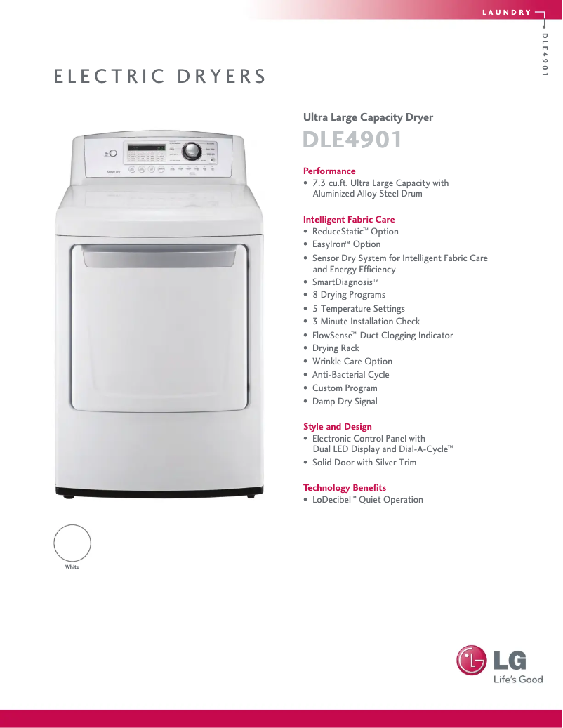 Page 1 de la notice Fiche technique LG DLE4901W