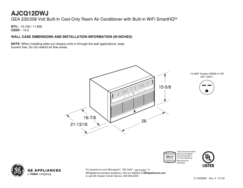 Page 1 of the manual Technical Sheet GE AJCQ12DWJ