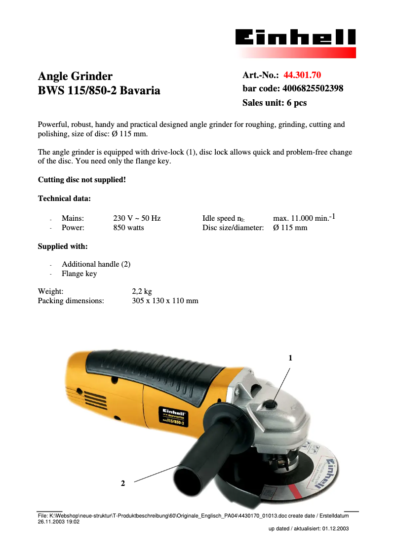 Page 1 de la notice Fiche technique Bavaria by Einhell BWS 115/850-3