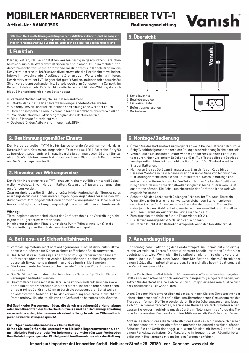 Page 1 de la notice Manuel utilisateur Vanish TVT-1