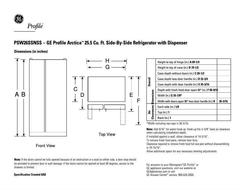 Page n°1 - Fiche technique GE Profile Arctica PSW26SSNSS