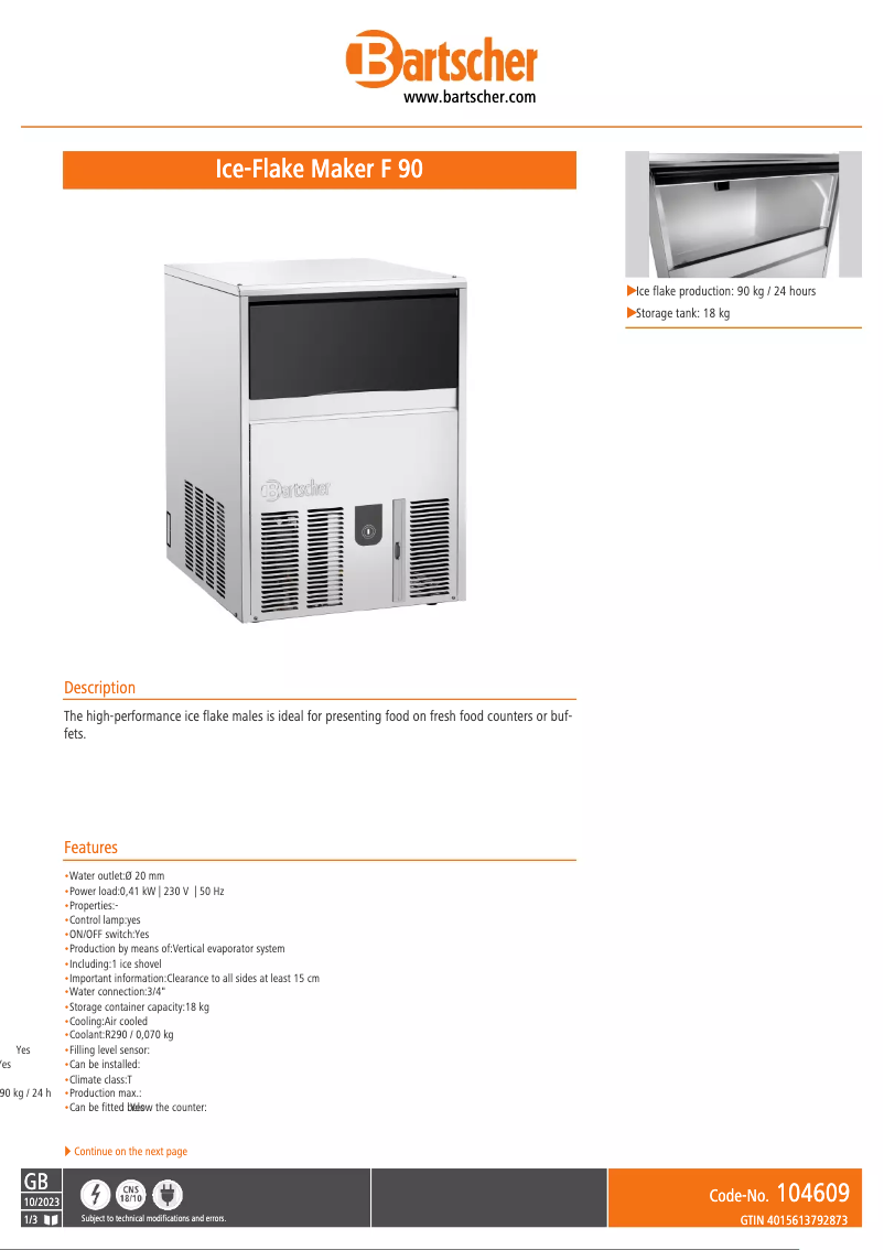 Page 1 de la notice Fiche technique Bartscher F 90