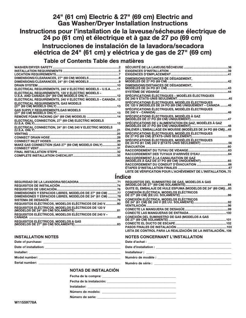 Page 1 de la notice Guide d'installation Whirlpool WETLV27HW