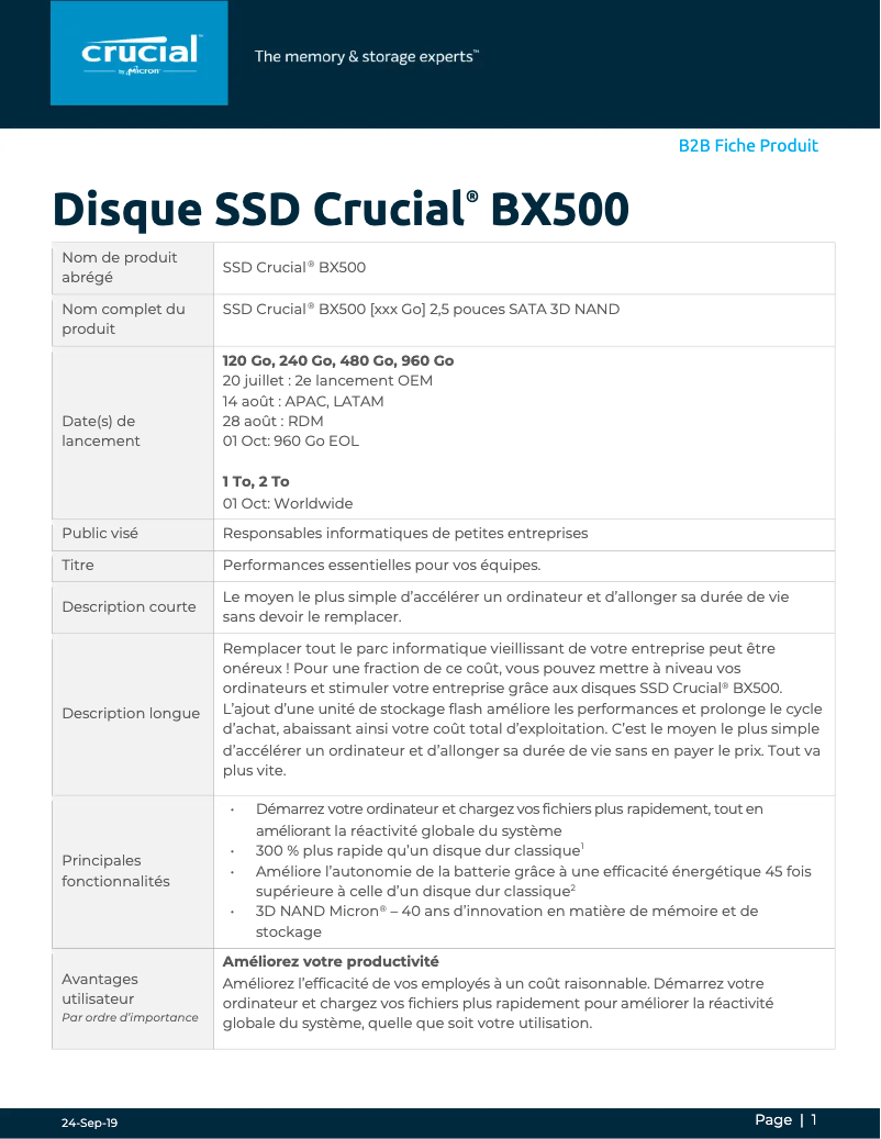 Page 1 de la notice Manuel utilisateur Crucial BX500