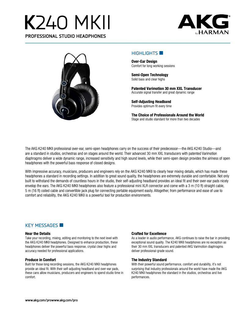 Page 1 de la notice Fiche technique AKG K240 MKII