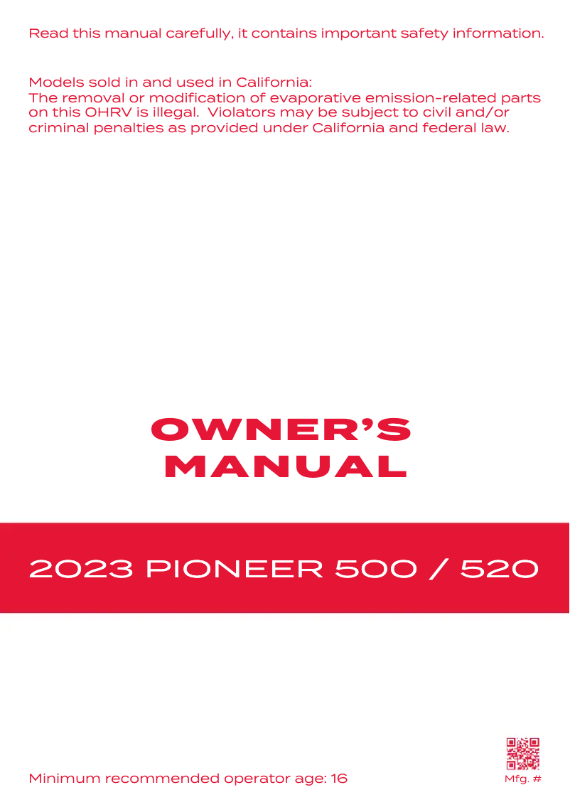 Page 1 de la notice Manuel utilisateur Honda Pioneer 500 (2023)