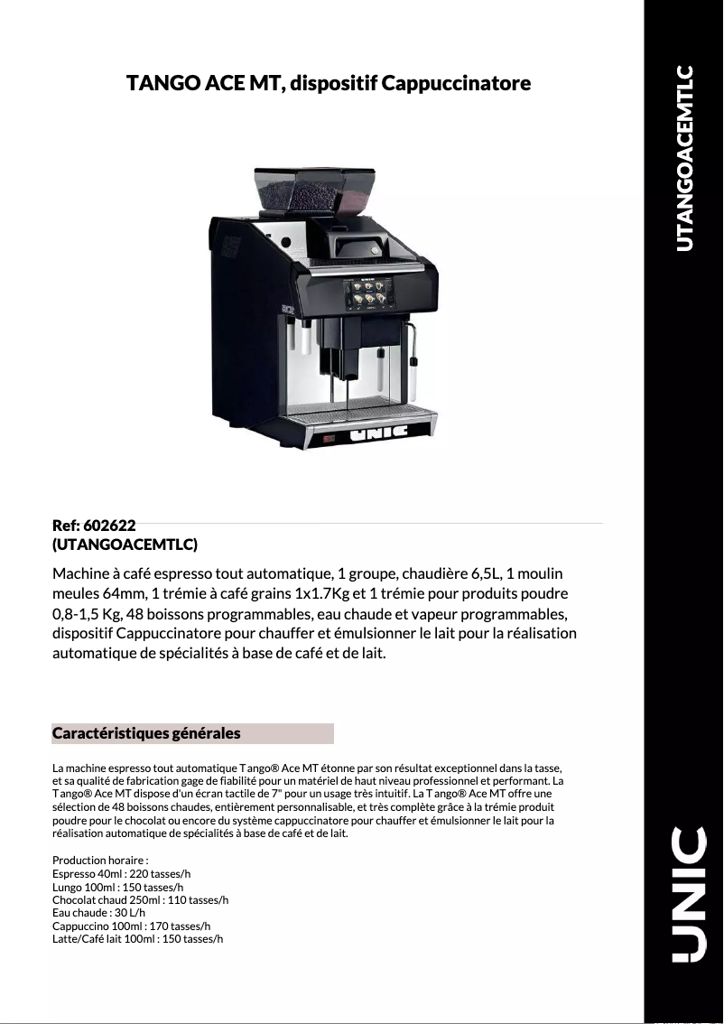 Page 1 de la notice Fiche technique UNIC Tango Ace MT
