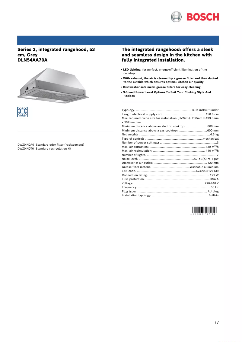 Page 1 of the manual Technical Sheet Bosch DLN54AA70A