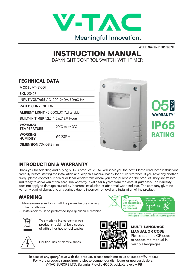 Page 1 de la notice Manuel utilisateur V-TAC VT-81007
