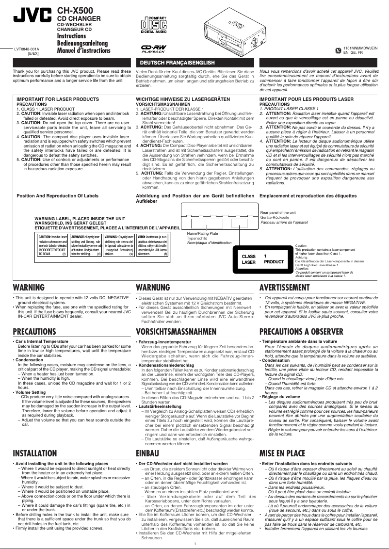 Page 1 de la notice Manuel utilisateur JVC CH-X500